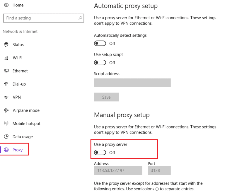 disable-use-a-proxy-server-under-manual-proxy-setup-768x659-1 إصلاح مشاكل مزامنة OneDrive على Windows 10