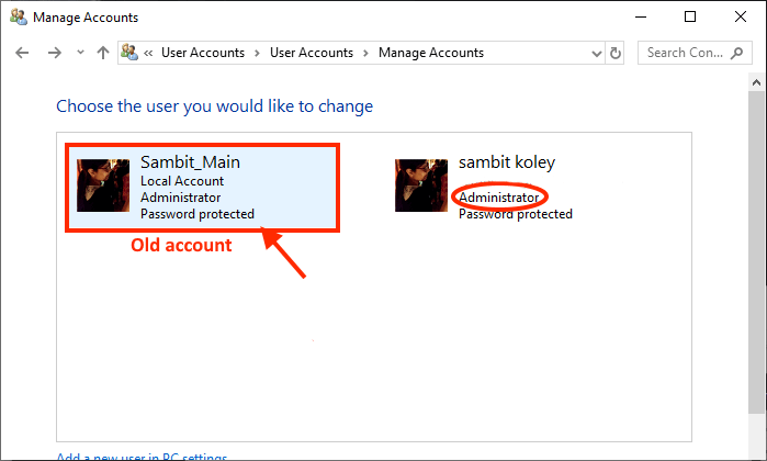 old-account-click-1 كيفية تغيير الحساب الإداري administrator الموجود بالفعل في Windows 10