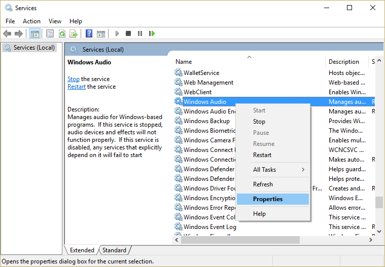 right-click-on-Windows-Audio-Services-and-select-Properties إصلاح صوت الكمبيوتر منخفض للغاية على Windows 10