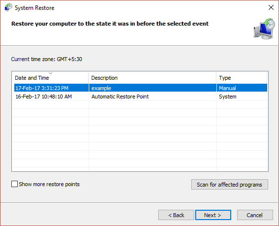 select-thje-restore-point-to-restore-registry 8 طرق لإصلاح رمز الخطأ 43 على Windows 10