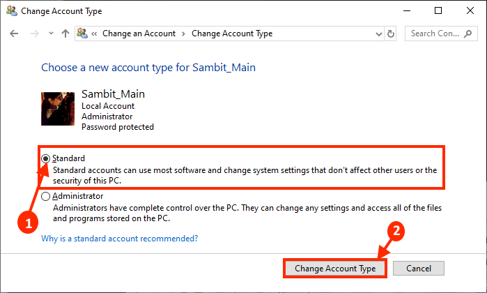 standard_account-type كيفية تغيير الحساب الإداري administrator الموجود بالفعل في Windows 10