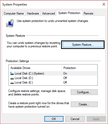 system-restore-in-system-properties كيفية استخدام استعادة النظام على Windows 10