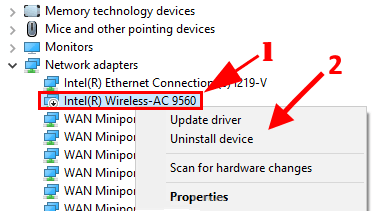 uninstall-intel-9540 إصلاح: توقف WiFi تلقائيًا - خطأ رمز Intel AC 9560 10 في Windows 10