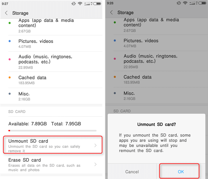 unmount-the-SD-card-safely إصلاح خطأ لا يمكن تثبيت التطبيق Code 910 على متجر Google Play