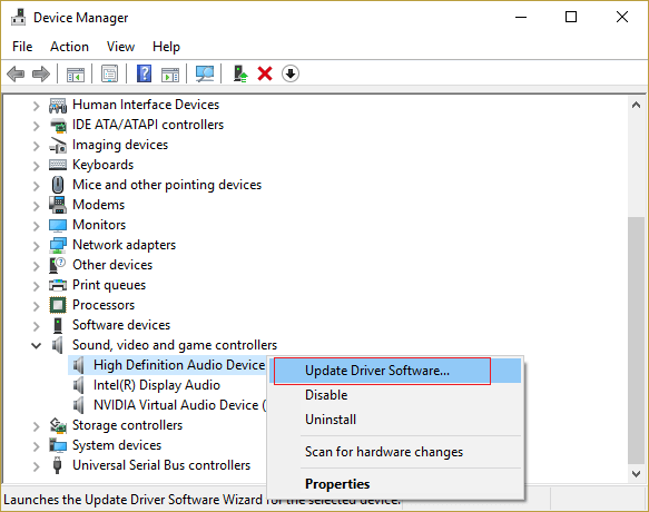 update-driver-software-for-high-definition-audio-device إصلاح صوت الكمبيوتر منخفض للغاية على Windows 10
