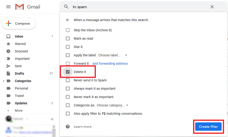 Checkmark-Delete-it-option-then-click-on-Create-Filter-768x463-1 كيفية حذف رسائل البريد الإلكتروني العشوائي في بريد Gmail