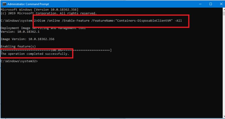 Dism-online-Enable-Feature-FeatureNameContainers-DisposableClientVM-All-768x408-1 تمكين أو تعطيل ميزة Windows 10 Sandbox