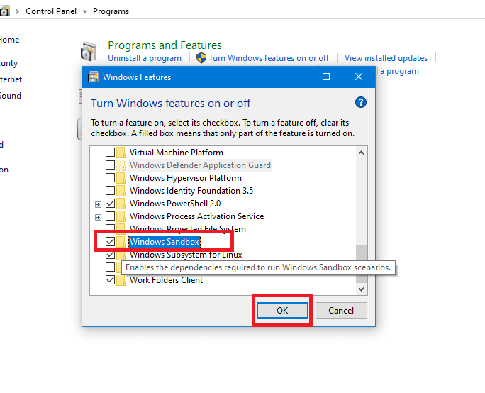 In-the-features-list-locate-Sandbox-and-make-sure-that-the-checkbox-across-it-is-marked تمكين أو تعطيل ميزة Windows 10 Sandbox