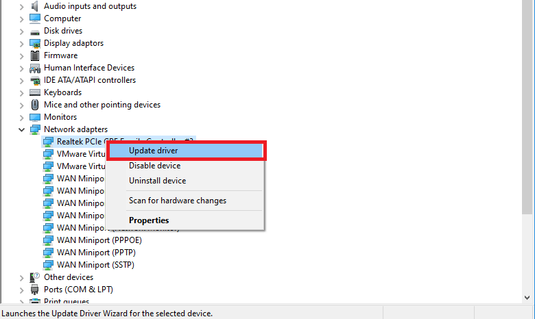 Busque el adaptador de red en la lista de dispositivos conectados a la computadora. Haga clic derecho y luego haga clic en Actualizar controlador. - إصلاح Reparto al dispositivo لا يعمل في Windows 10