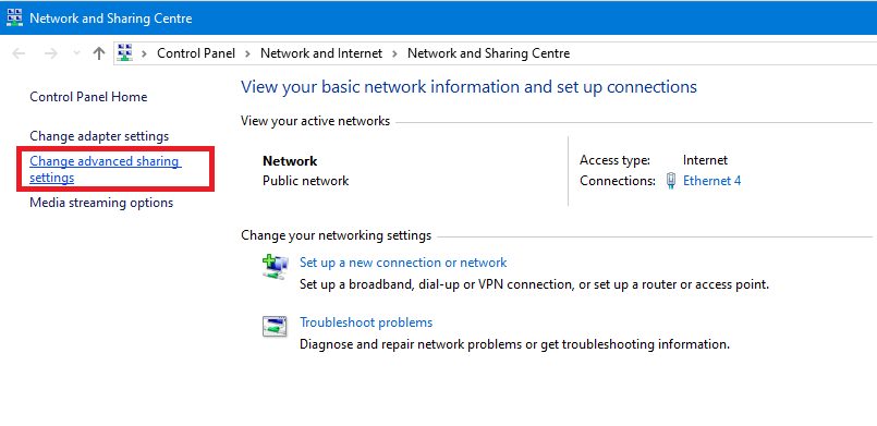 Ara feu clic a l'opció de configuració de compartició avançada en el panell esquerre - إلاح Enganxi al dispositiu لا يعمل في Windows 10