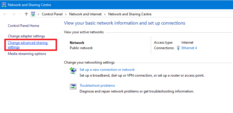 Now-click-on-Change-advanced-sharing-settings-option-in-the-left-pane إصلاح Cast to Device لا يعمل في Windows 10
