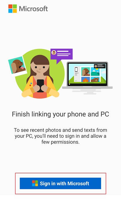 Open-the-app-and-login-to-your-Microsoft-Account إرسال رسائل نصية من جهاز الكمبيوتر باستخدام هاتف Android