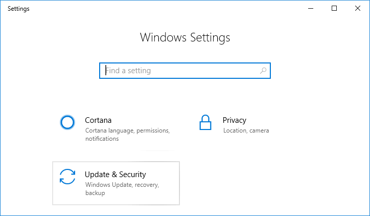 Presione W CLAVE I Para abrir la configuración y luego haga clic en Actualizar el icono de seguridad: إصلاح Fundir al dispositivo لا يعمل في Windows 10