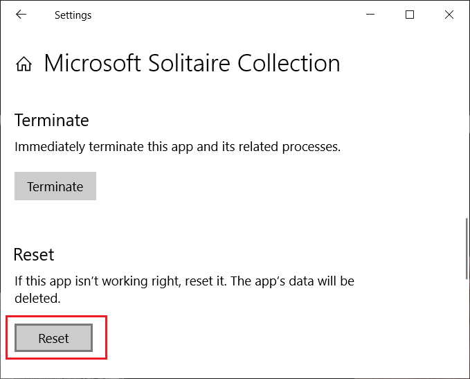 Reset-Microsoft-Solitaire-Collection إصلاح لا يمكن بدء مجموعة Microsoft Solitaire