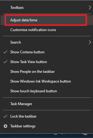 Right-click-on-time-at-the-right-end-of-the-taskbar-and-click-on-Adjust-DateTime. إصلاح لا يتم تحميل مقاطع فيديو YouTube. "حدث خطأ ، أعد المحاولة لاحقًا"