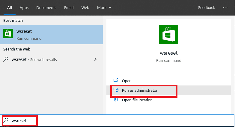 Search-for-wsreset.exe-in-the-Start-Menu-search.-Click-Run-as-administrator-on-the-search-result-appeared. إصلاح لا يمكن بدء مجموعة Microsoft Solitaire