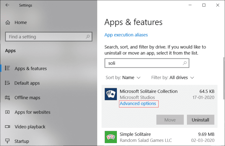 Select-the-Microsoft-Solitaire-Collection-app-then-click-on-the-Advanced-options-768x498-1 إصلاح لا يمكن بدء مجموعة Microsoft Solitaire