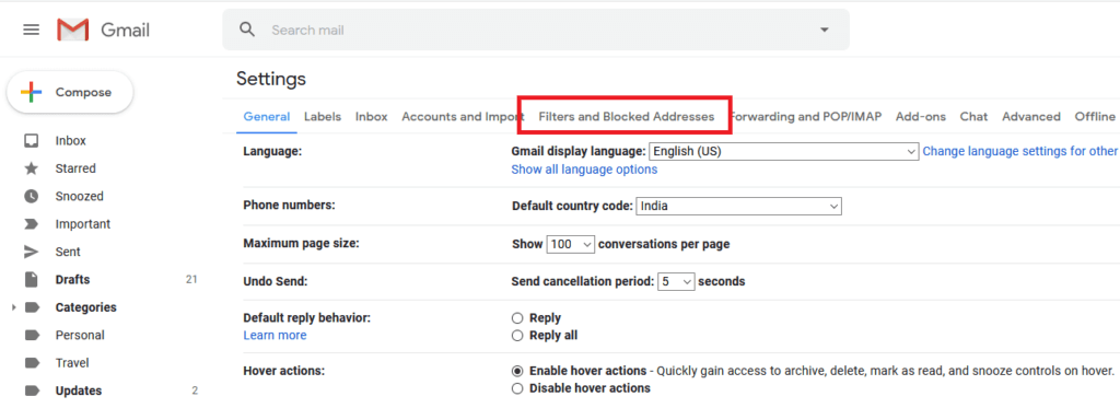 Switch-to-Filters-and-Blocked-Addresses-tab-under-Gmail-settings-1024x373-1 كيفية حذف رسائل البريد الإلكتروني العشوائي في بريد Gmail