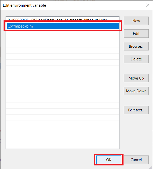 Carefully-enter-Cffmpegbin-followed-by-OK-to-save-changes كيفية تثبيت FFmpeg على نظام Windows 10؟