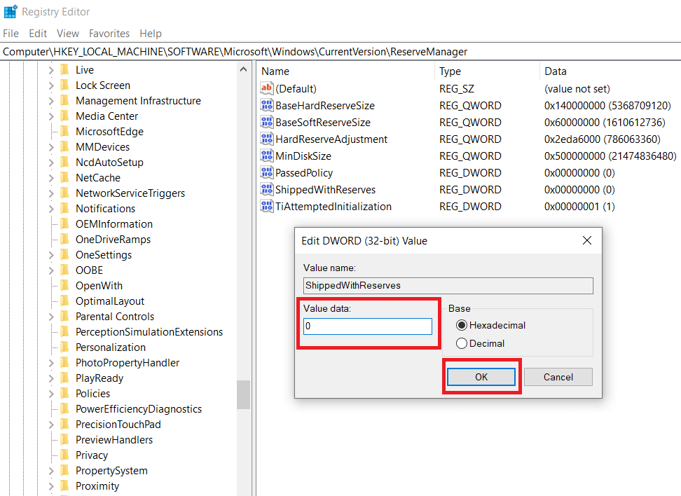 Change-the-value-to-0-to-disable-reserved-storage-and-click-on-Ok تمكين أو تعطيل التخزين المحجوز على Windows 10
