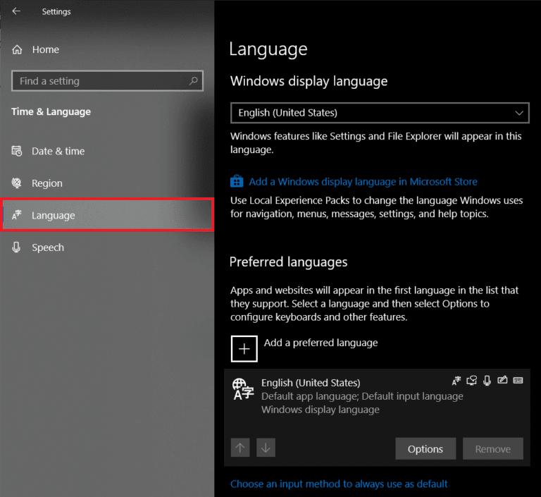 Click-on-Language-in-the-left-panel-768x705-1 تمكين أو تعطيل التخزين المحجوز على Windows 10