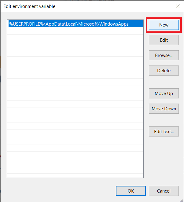 Click-on-New-on-the-top-right-hand-side-of-the-dialog-box كيفية تثبيت FFmpeg على نظام Windows 10؟