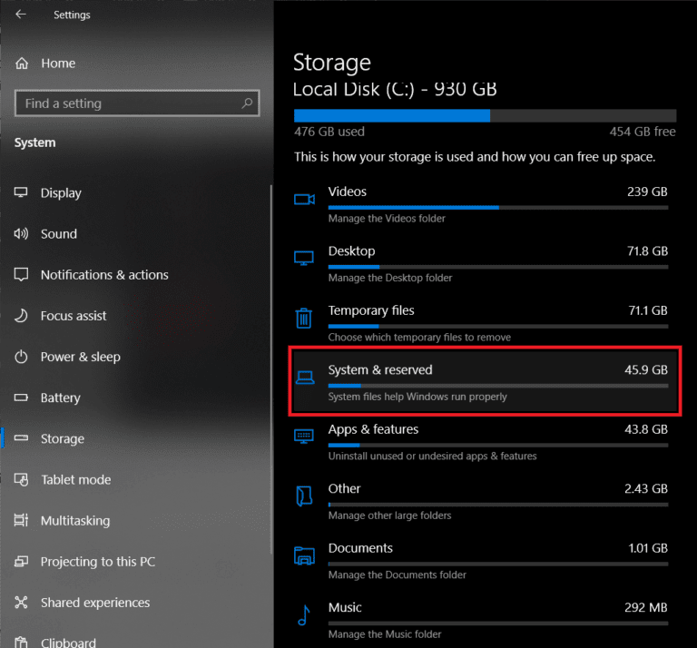 Find-System-reserved-and-click-to-open-the-category-for-more-information-768x714-1 تمكين أو تعطيل التخزين المحجوز على Windows 10