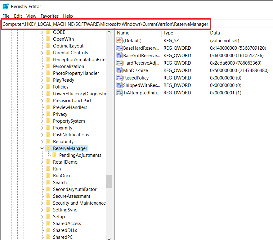 Follow-paths-HKEY_LOCAL_MACHINESOFTWAREMicrosoftWindowsCurrentVersionReserveManager تمكين أو تعطيل التخزين المحجوز على Windows 10
