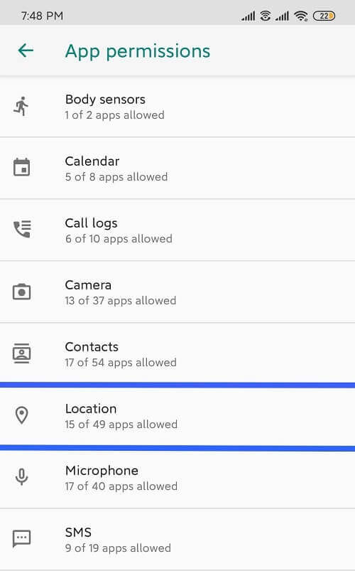 Head over to location permissions - إصلاح خرائط Google لا تعمل على Android [تعمل بنسبة 100٪]