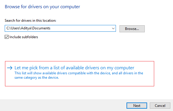 Let-me-pick-from-a-list-of-available-drivers-on-my-computer إصلاح هاتف Android غير معترف به على Windows 10