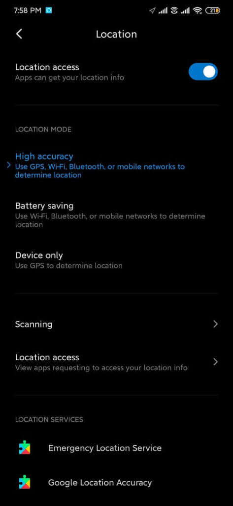 Make sure “location access” is enabled and select high accuracy 473x1024 1 - إصلاح خرائط Google لا تعمل على Android [تعمل بنسبة 100٪]