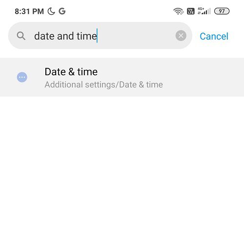 Open-Settings-on-your-phone-and-search-for-‘Date-Time’- إصلاح لا يمكن إرسال الصور على Facebook Messenger