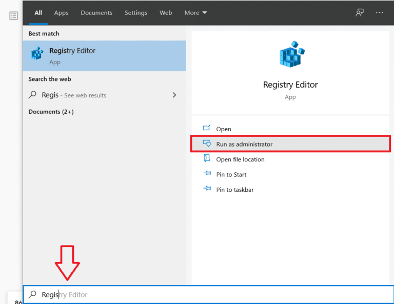 Search-Registry-Editor-in-the-search-bar-and-then-selecting-Run-as-Administrator-768x593-1 تمكين أو تعطيل التخزين المحجوز على Windows 10