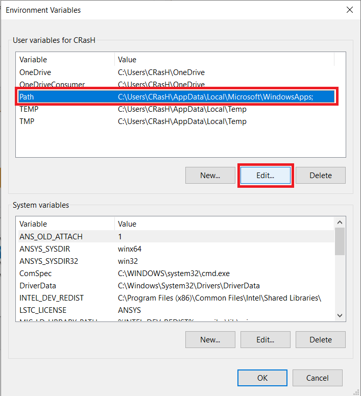 Select-‘Path’-under-the-User-variables-for-username-column-by-left-clicking-on-it.-Post-selection-click-on-Edit كيفية تثبيت FFmpeg على نظام Windows 10؟