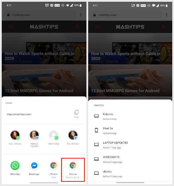 Send-link-from-Chrome-on-Android كيفية مشاركة الرابط بين جهاز الكمبيوتر وجهاز Mac باستخدام Chrome