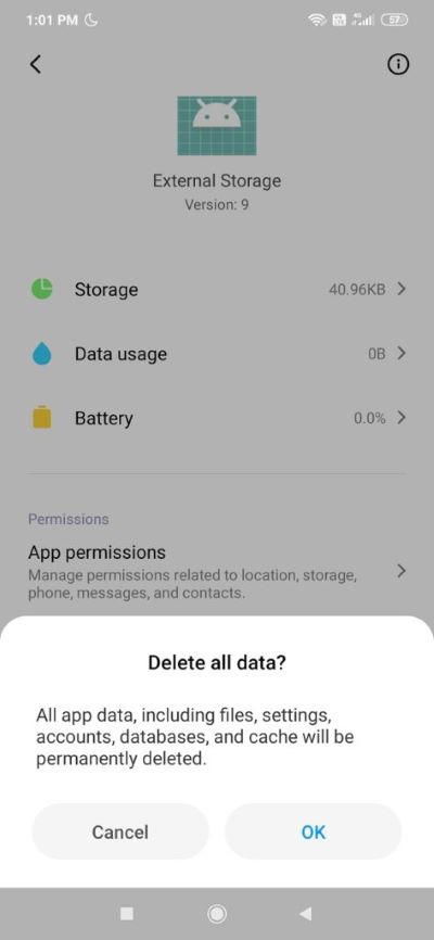 Tap-on-the-External-Storage-then-press-the-delete-button-for-cache-and-data-473x1024-1 إصلاح هاتف Android غير معترف به على Windows 10
