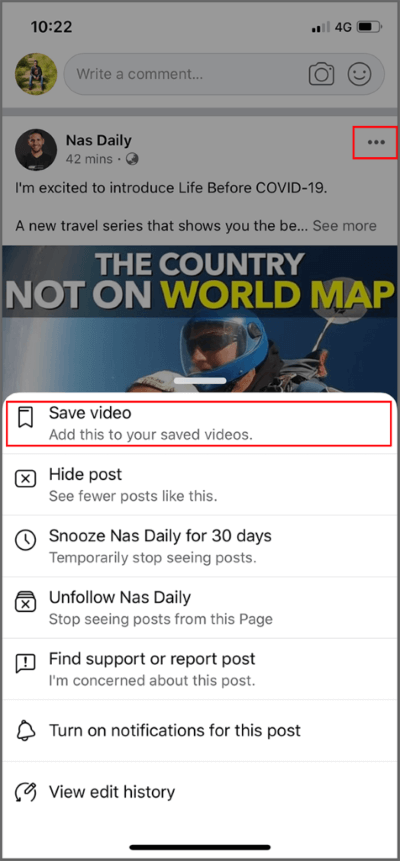 Tap-on-the-three-dot-menu-icon-then-select-‘Save-video’-option-476x1024-1 3 طرق لتنزيل مقاطع فيديو Facebook على iPhone