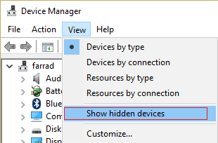 click-view-then-show-hidden-devices-in-Device-Manager إصلاح هاتف Android غير معترف به على Windows 10