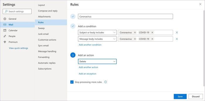 covid-rule-in-outlook_935adec67b324b146ff212ec4c69054f كيفية حذف رسائل البريد الإلكتروني في Microsoft Outlook
