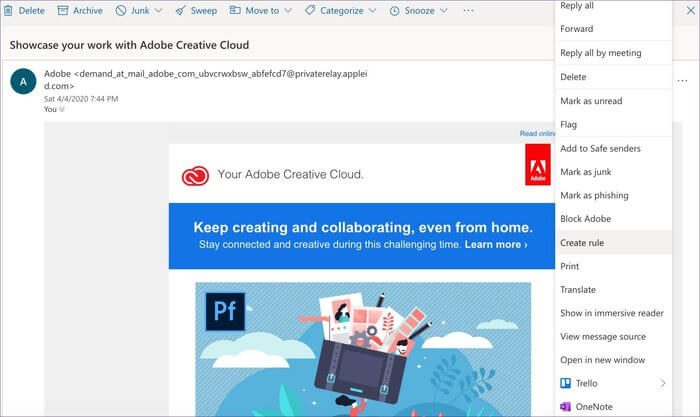 create-outlook-rule-from-mail_935adec67b324b146ff212ec4c69054f كيفية حذف رسائل البريد الإلكتروني في Microsoft Outlook