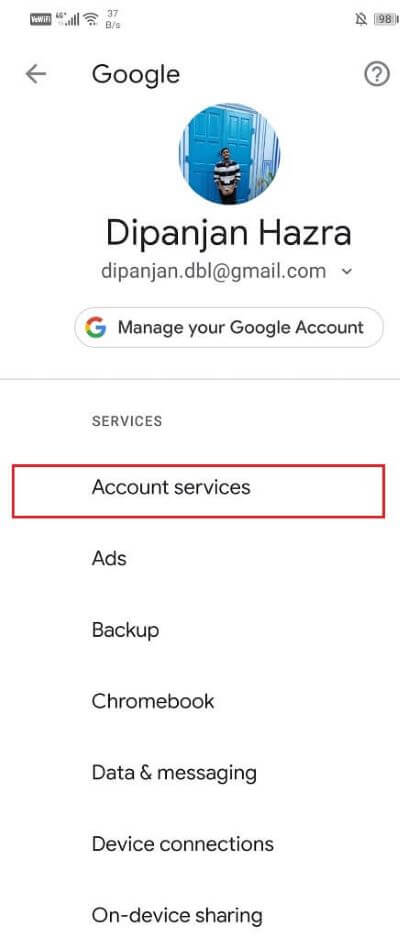 Click on the Account Services option - إصلاح Google Assistant يستمر في الظهور بشكل عشوائي