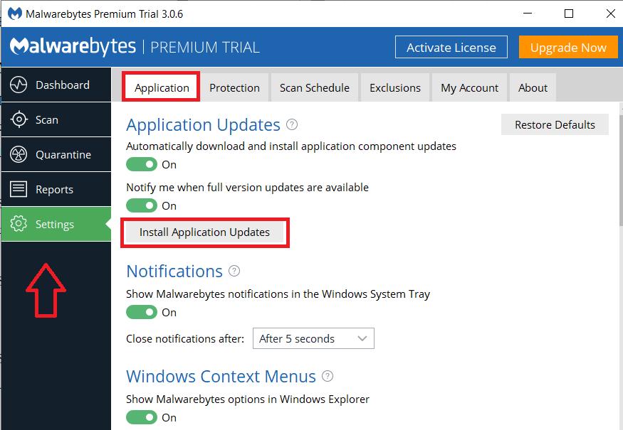 Click-on-the-Install-Application-Updates-button إصلاح خطأ عدم تشغيل Malwarebytes Real-Time لحماية الويب