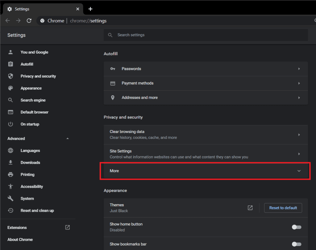 Click-on-the-little-downward-arrow-located-next-to-‘More’-1024x812-1 إصلاح تنبيه - الموقع يحتوي على برامج ضارة على Chrome
