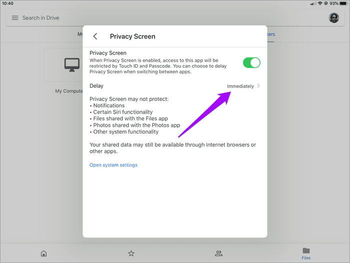 Google-Drive-Privacy-Screen-Face-ID-Touch-ID-7_935adec67b324b146ff212ec4c69054f كيفية تأمين Google Drive باستخدام Face ID أو Touch ID على iPhone و iPad