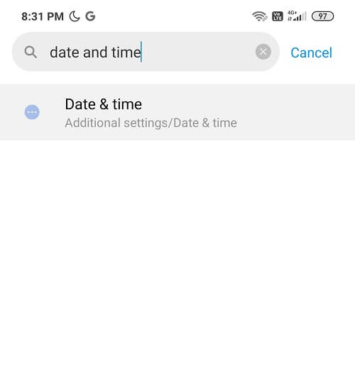 Open-Settings-on-your-phone-and-search-for-‘Date-Time’- إصلاح متجر Play لا يقوم بتنزيل التطبيقات على أجهزة Android