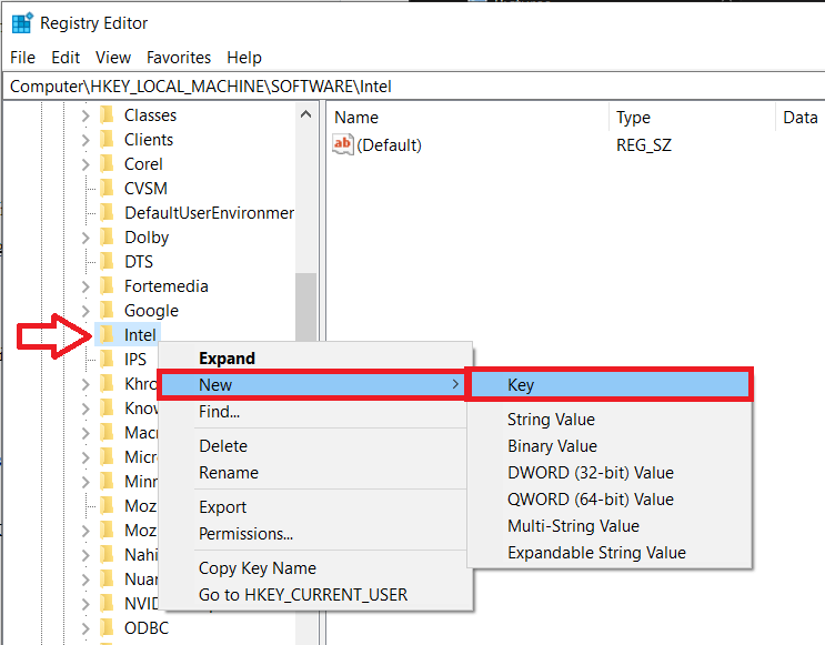 Right-click-on-the-Intel-and-Select-New-and-then-Key 3 طرق لزيادة VRAM المخصص في Windows 10