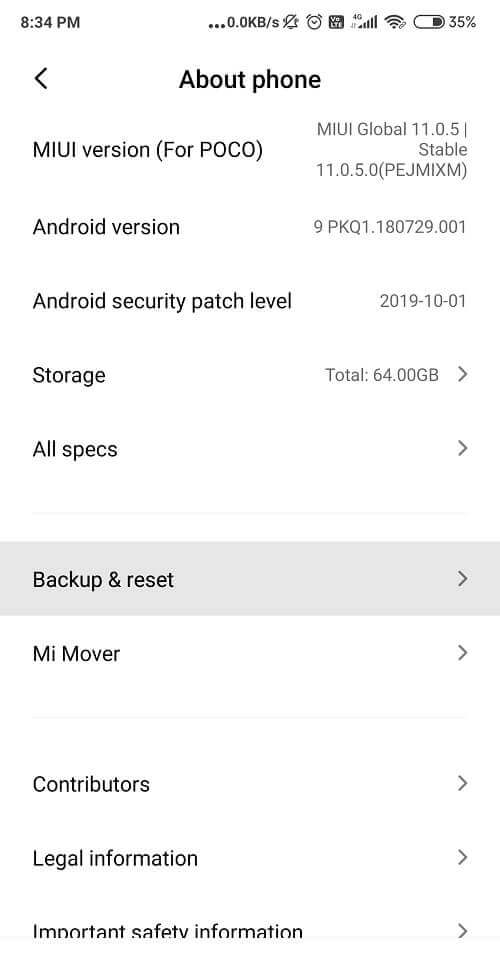 Select-Backup-and-reset-option-and-click-on-the-Erase-All-Data إصلاح خطأ "للأسف ، توقفت لوحة مفاتيح Android"
