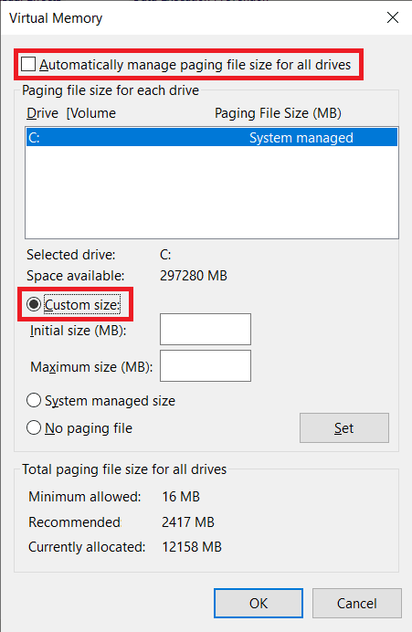 Select-C-drive-and-enable-Custom-size-by-clicking-on-the-radio-button-next-to-it 3 طرق لزيادة VRAM المخصص في Windows 10
