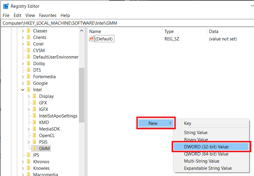 Select-New-followed-by-DWORD-32-bit-Value 3 طرق لزيادة VRAM المخصص في Windows 10