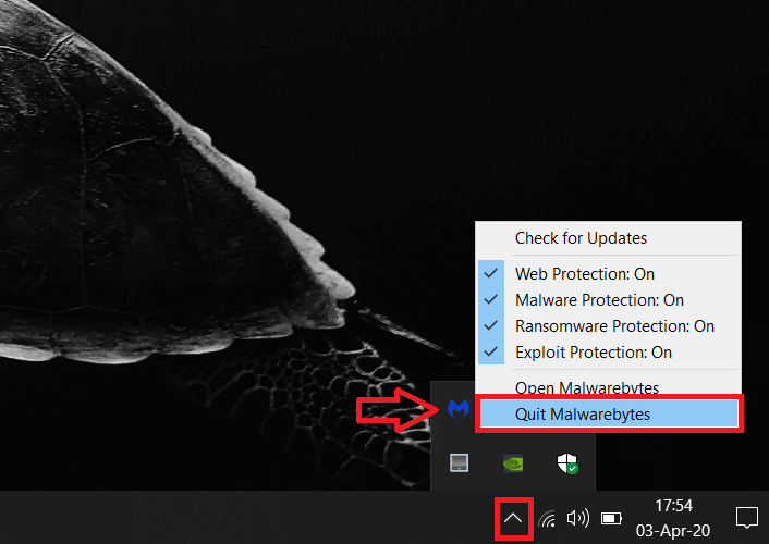 Select-‘Quit-Malwarebytes’ إصلاح خطأ عدم تشغيل Malwarebytes Real-Time لحماية الويب